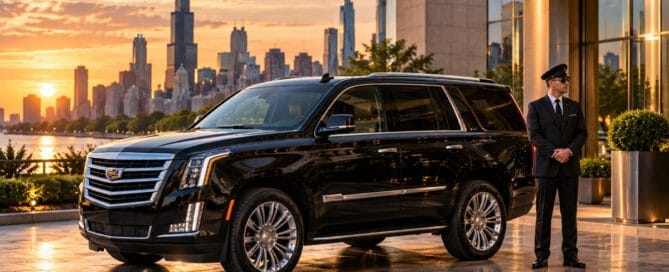 Long distance limo from Chicago with a black luxury SUV and professional chauffeur preparing for a private regional trip across the Midwest.
