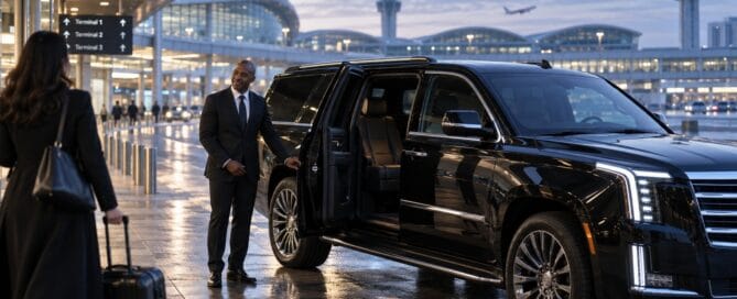 O'Hare Airport car service chauffeur standing beside a black Cadillac Escalade with the door open for a traveler with luggage near the departures sign