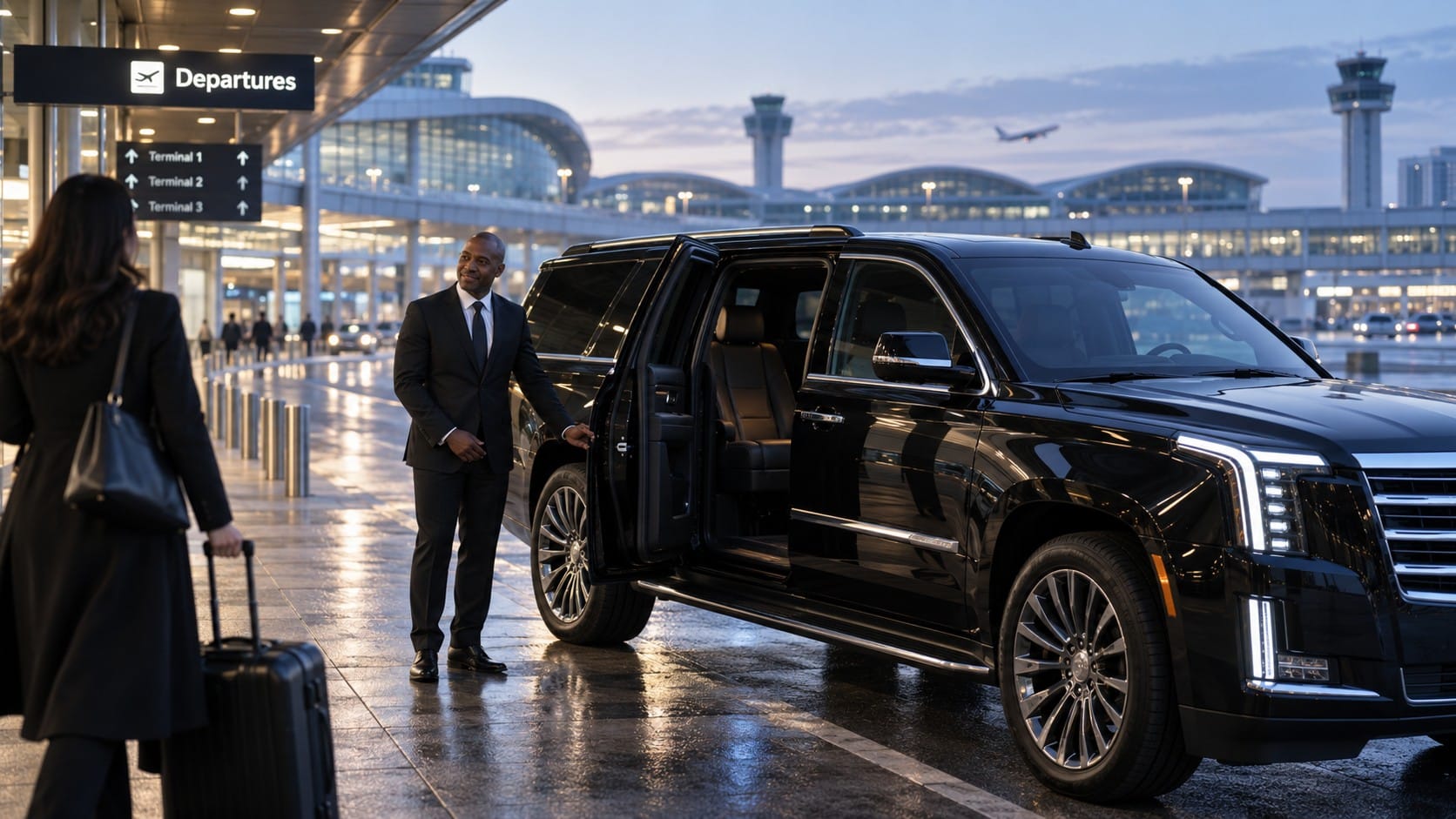 O'Hare Airport car service chauffeur standing beside a black Cadillac Escalade with the door open for a traveler with luggage near the departures sign