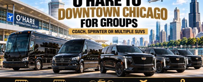 Rock Limo group transportation from O'Hare Airport to downtown Chicago with a motor coach, Sprinter van and black Cadillac Escalade SUVs
