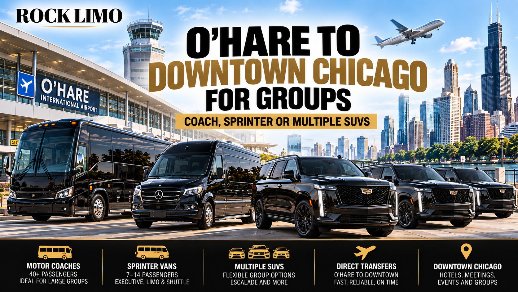 Rock Limo group transportation from O'Hare Airport to downtown Chicago with a motor coach, Sprinter van and black Cadillac Escalade SUVs