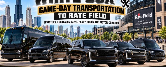 Rock Limo White Sox game-day transportation to Rate Field in Chicago with a motor coach, Mercedes Sprinters, Cadillac Escalades and luxury SUVs