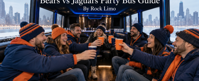 Bears vs Jaguars party bus interior with wraparound leather seating, blue LED lighting and football fans in navy and orange celebrating on the way to the game
