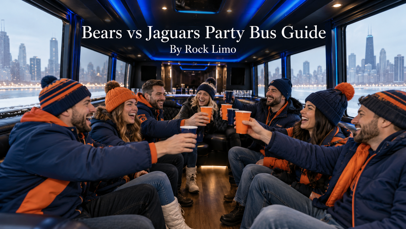 Bears vs Jaguars party bus interior with wraparound leather seating, blue LED lighting and football fans in navy and orange celebrating on the way to the game