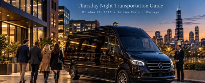 Bears vs Patriots transportation with a black 2026 Mercedes-Benz Executive Sprinter preparing for Thursday Night Football at Soldier Field in Chicago.