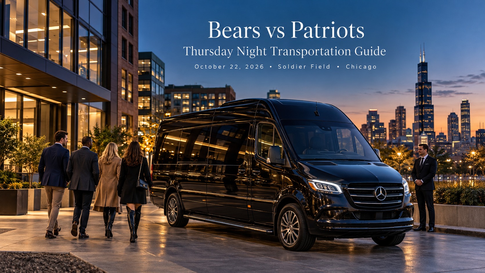 Bears vs Patriots transportation with a black 2026 Mercedes-Benz Executive Sprinter preparing for Thursday Night Football at Soldier Field in Chicago.