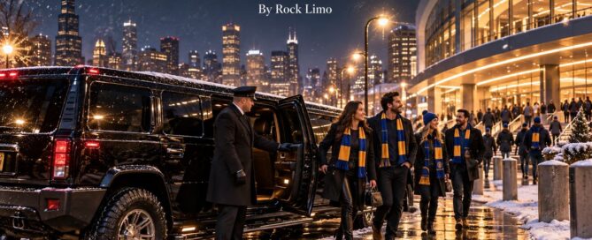 Bulls vs Warriors limo guide with a black stretch Hummer limousine and chauffeur dropping off fans near the United Center on a snowy February game night