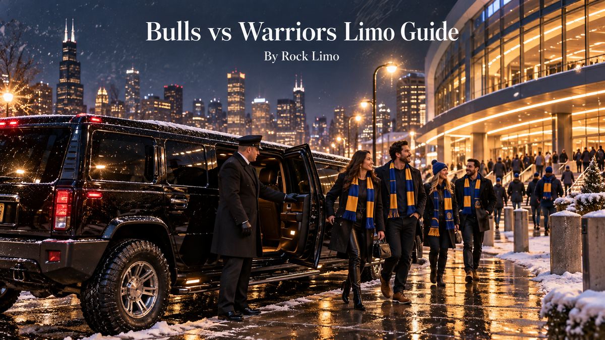 Bulls vs Warriors limo guide with a black stretch Hummer limousine and chauffeur dropping off fans near the United Center on a snowy February game night
