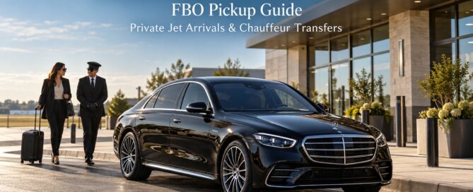 Chicago Executive Airport FBO pickup guide featuring a black 2026 Mercedes-Benz S-Class at a private aviation passenger terminal in Wheeling, Illinois.