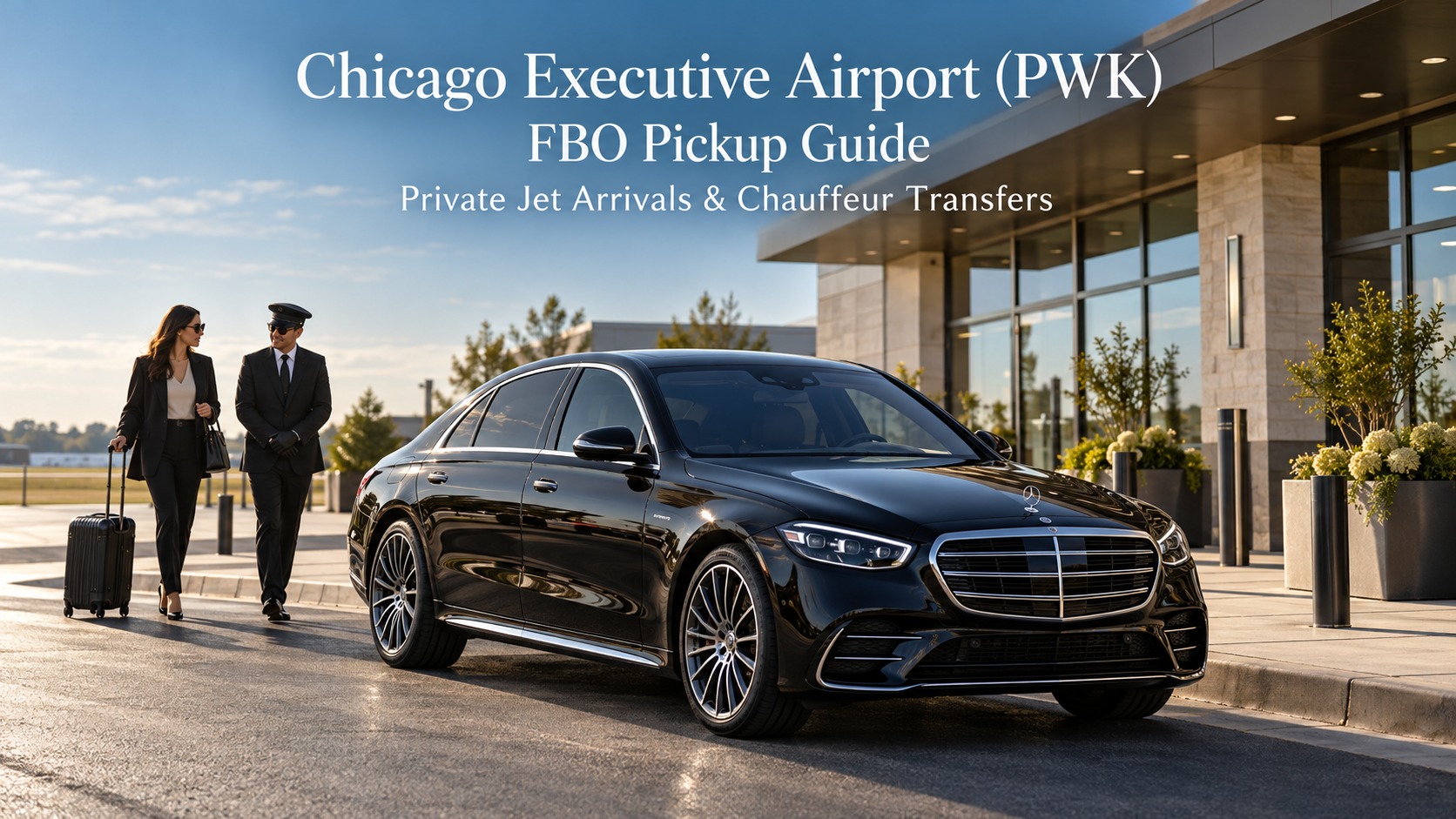 Chicago Executive Airport FBO pickup guide featuring a black 2026 Mercedes-Benz S-Class at a private aviation passenger terminal in Wheeling, Illinois.