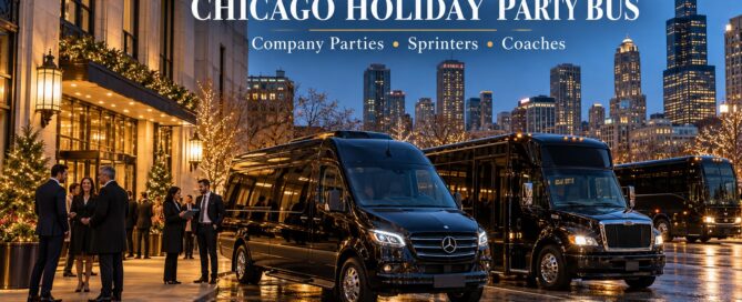 Black luxury party bus, executive Sprinter and motor coach outside a Chicago company holiday party venue.
