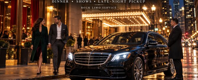 Black Mercedes-Benz S-Class with Rock Limo chauffeur and theatergoers arriving for an evening in Chicago’s downtown Theater District.