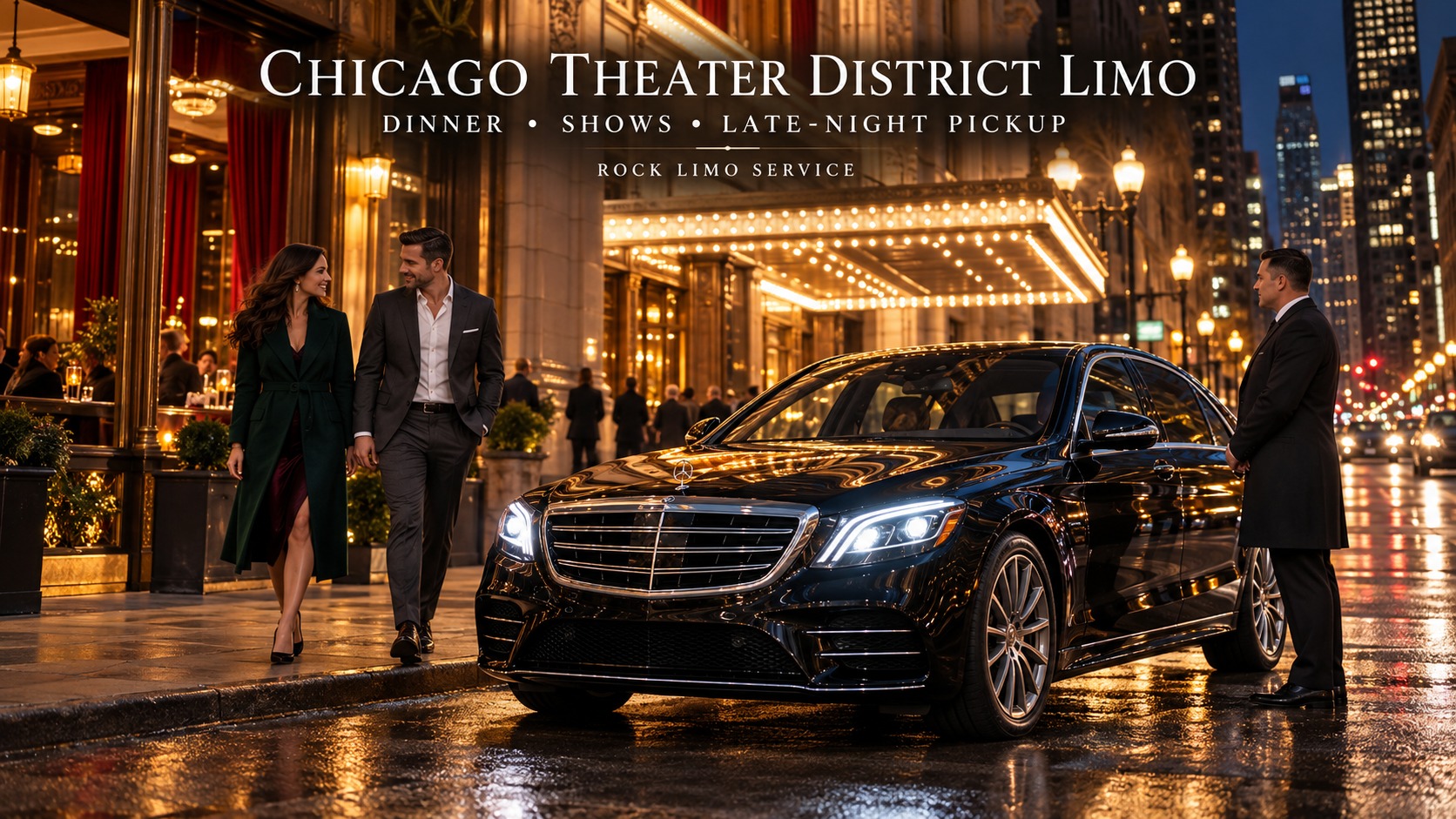 Black Mercedes-Benz S-Class with Rock Limo chauffeur and theatergoers arriving for an evening in Chicago’s downtown Theater District.