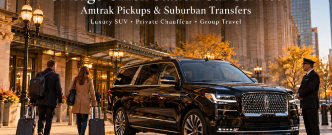 Chicago Union Station car service featuring a black 2026 Lincoln Navigator L picking up Amtrak passengers with luggage in downtown Chicago.