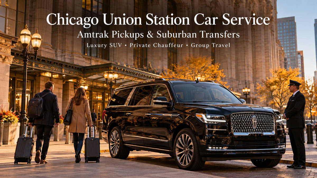 Chicago Union Station car service featuring a black 2026 Lincoln Navigator L picking up Amtrak passengers with luggage in downtown Chicago.