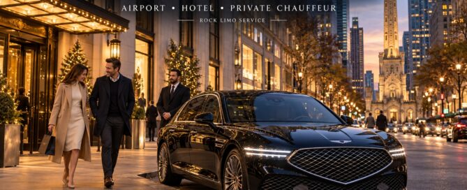 Black Genesis G90 with Rock Limo chauffeur and travelers on Michigan Avenue near Chicago’s Magnificent Mile and historic Water Tower.
