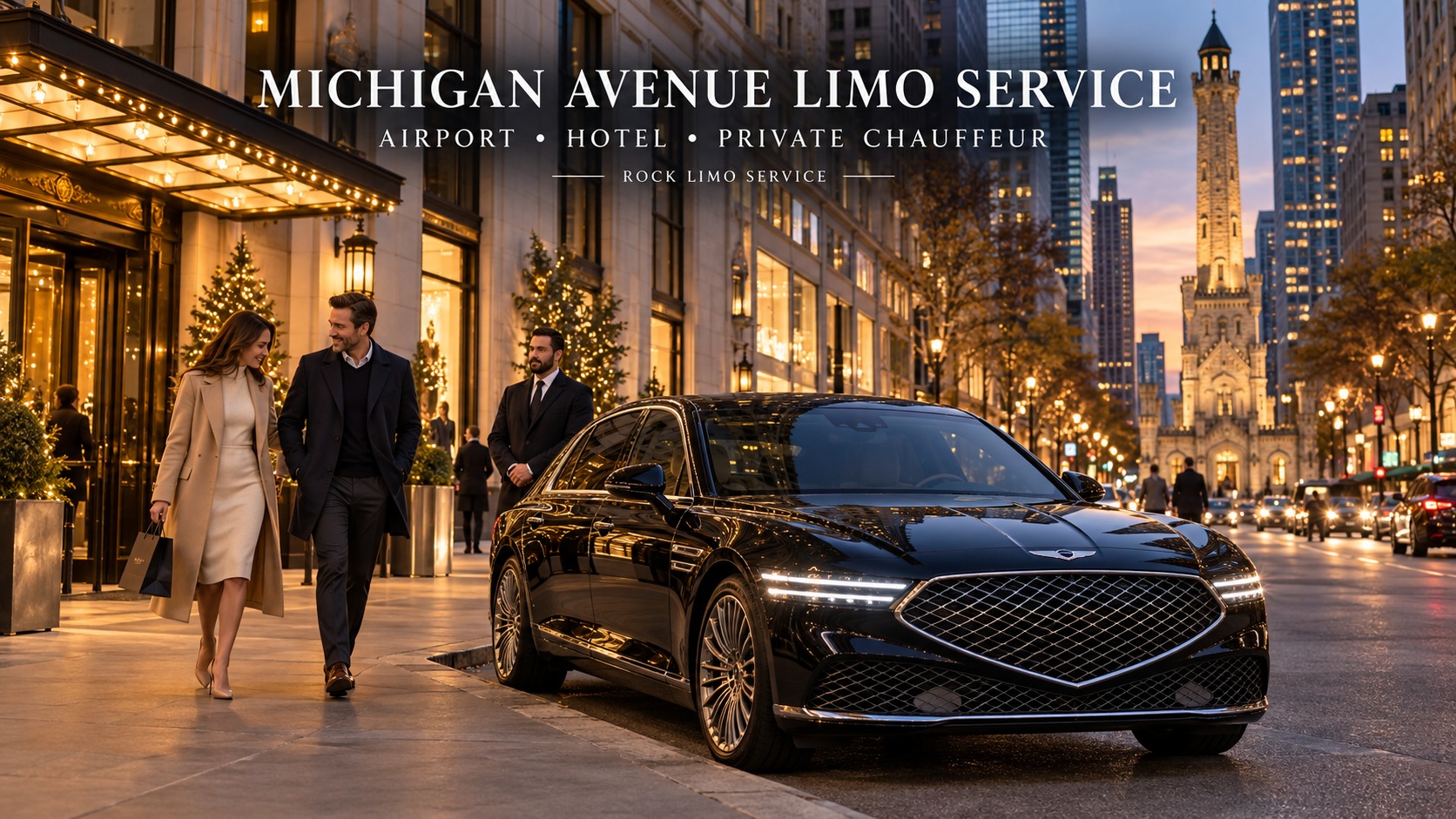 Black Genesis G90 with Rock Limo chauffeur and travelers on Michigan Avenue near Chicago’s Magnificent Mile and historic Water Tower.