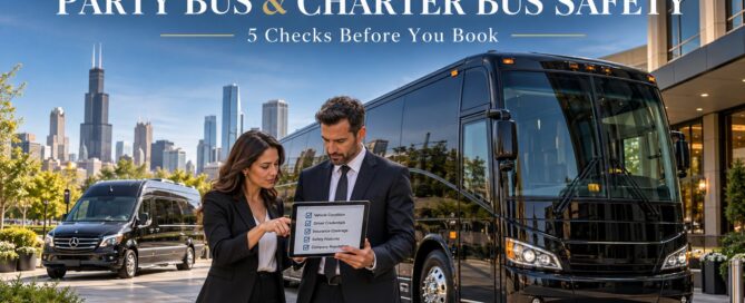 Transportation coordinator performing a party bus safety check beside a modern luxury charter coach in the Chicago area.